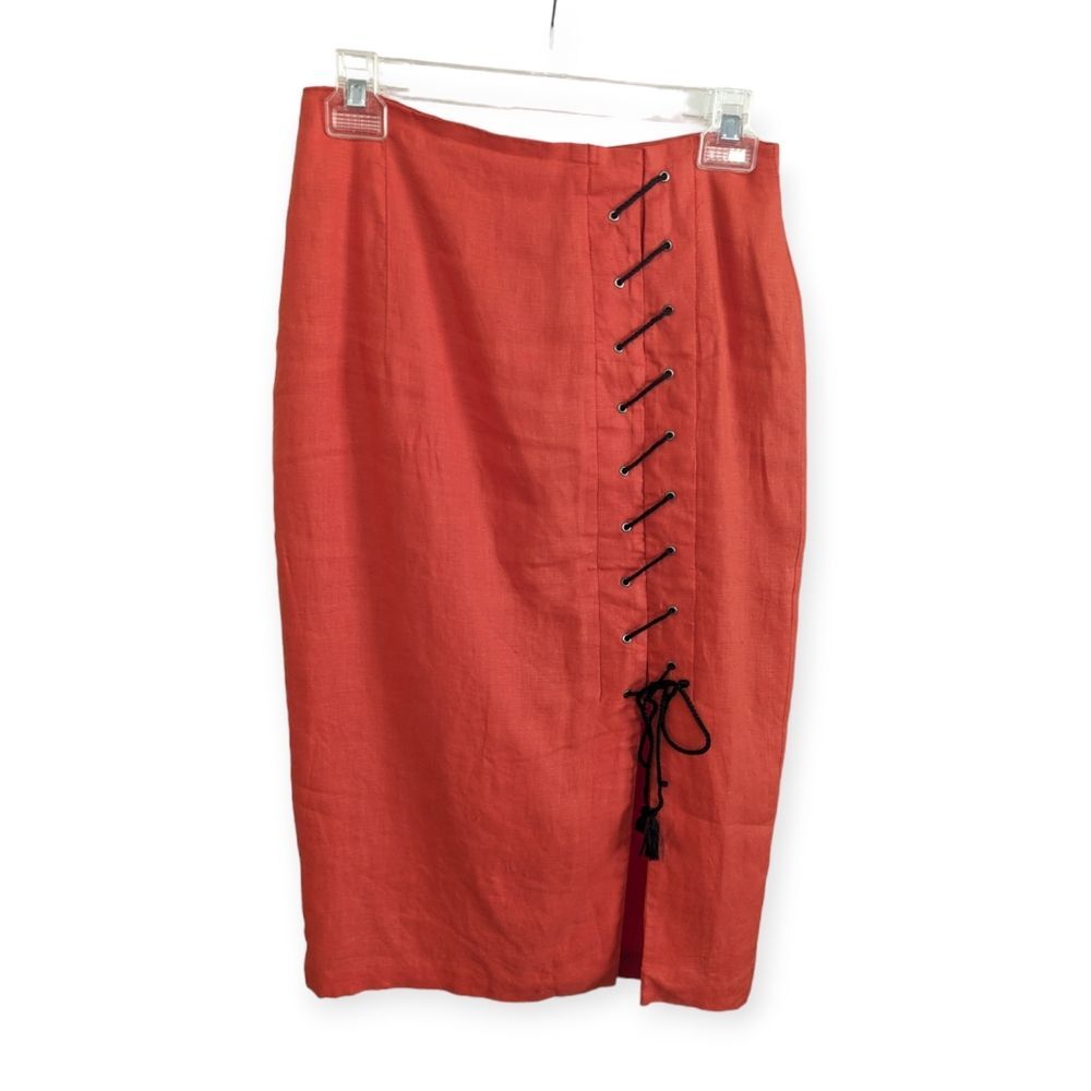 Vintage 80s 90s bright orange linen pencil skirt with side lace up detail